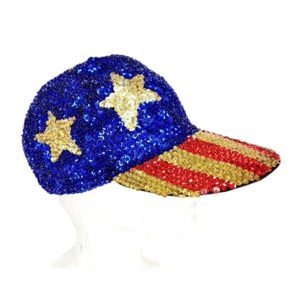 Vintage Beaded Sequined Gold Stars and Stripes Patriotic Blingy Flag Hat Adult - Picture 2 of 7